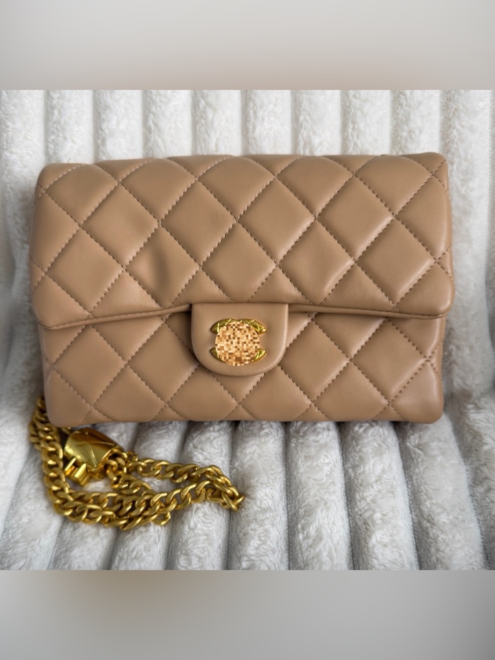 Classic Quilted Shoulder Bag in Beige with Gold Hardware